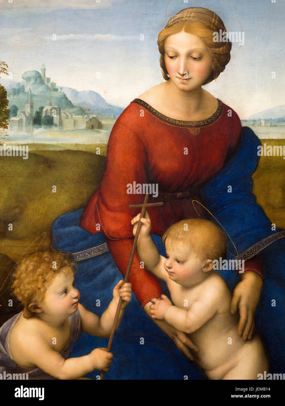 Detail from The Madonna of the Meadow: A painting by Raphael from 1505 or  1506. A woman and two small children in a field or meadow Stock Photo -  Alamy