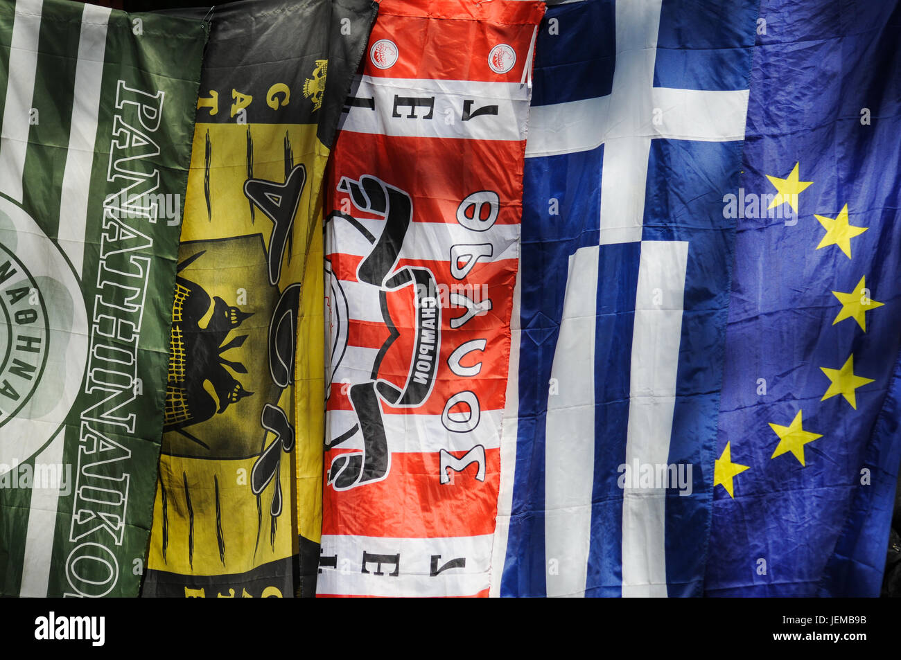 European and greek Flags in a street of Athens (Greece Stock Photo Alamy