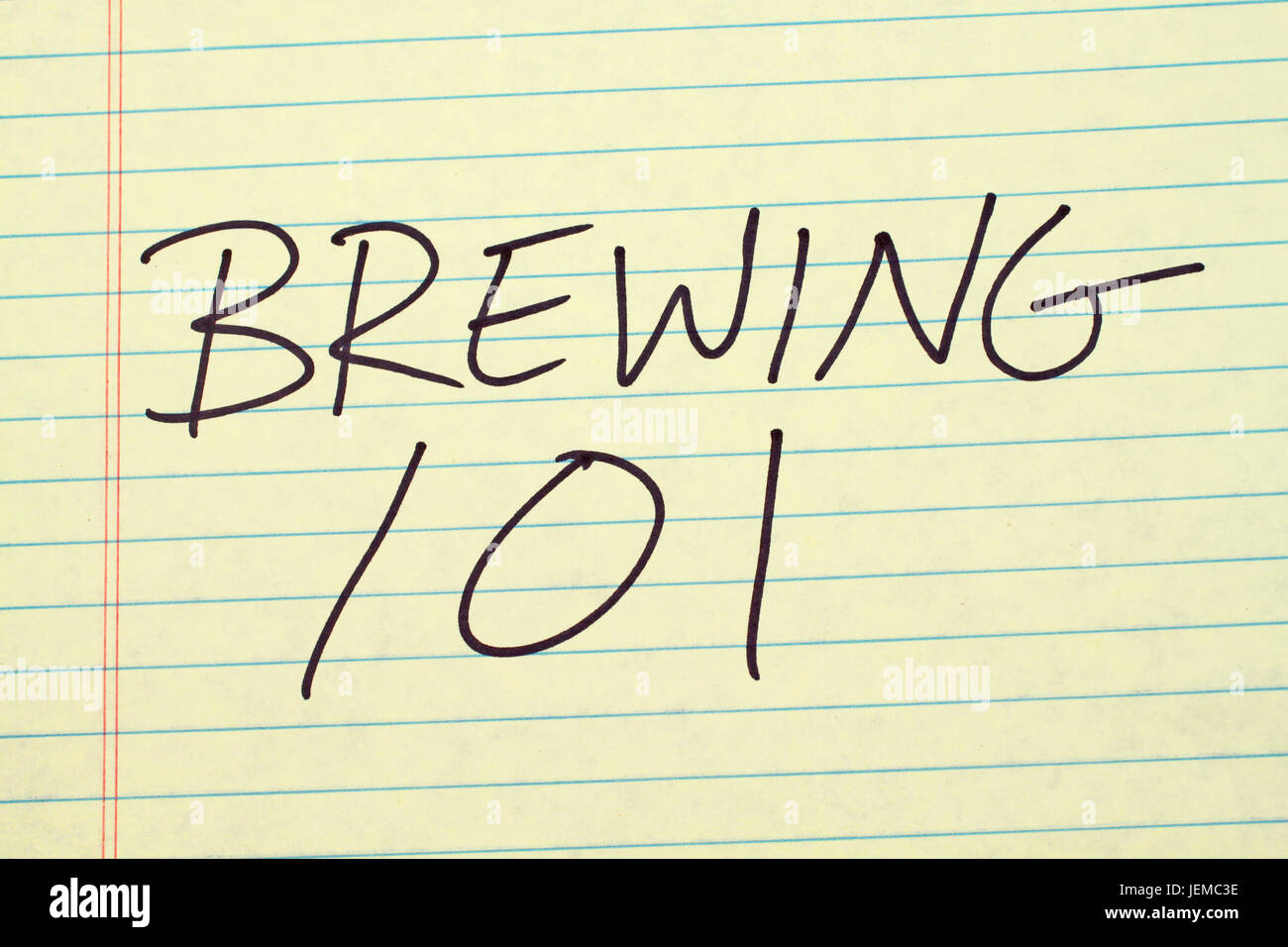 The words 'Brewing 101' on a yellow legal pad Stock Photo