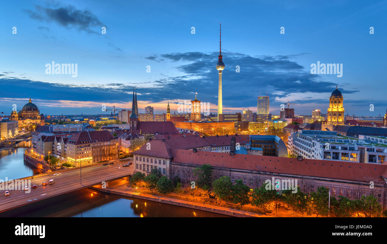 Berlin panorama city skyline when sunset at Spree River, Berlin, Germany Stock Photo