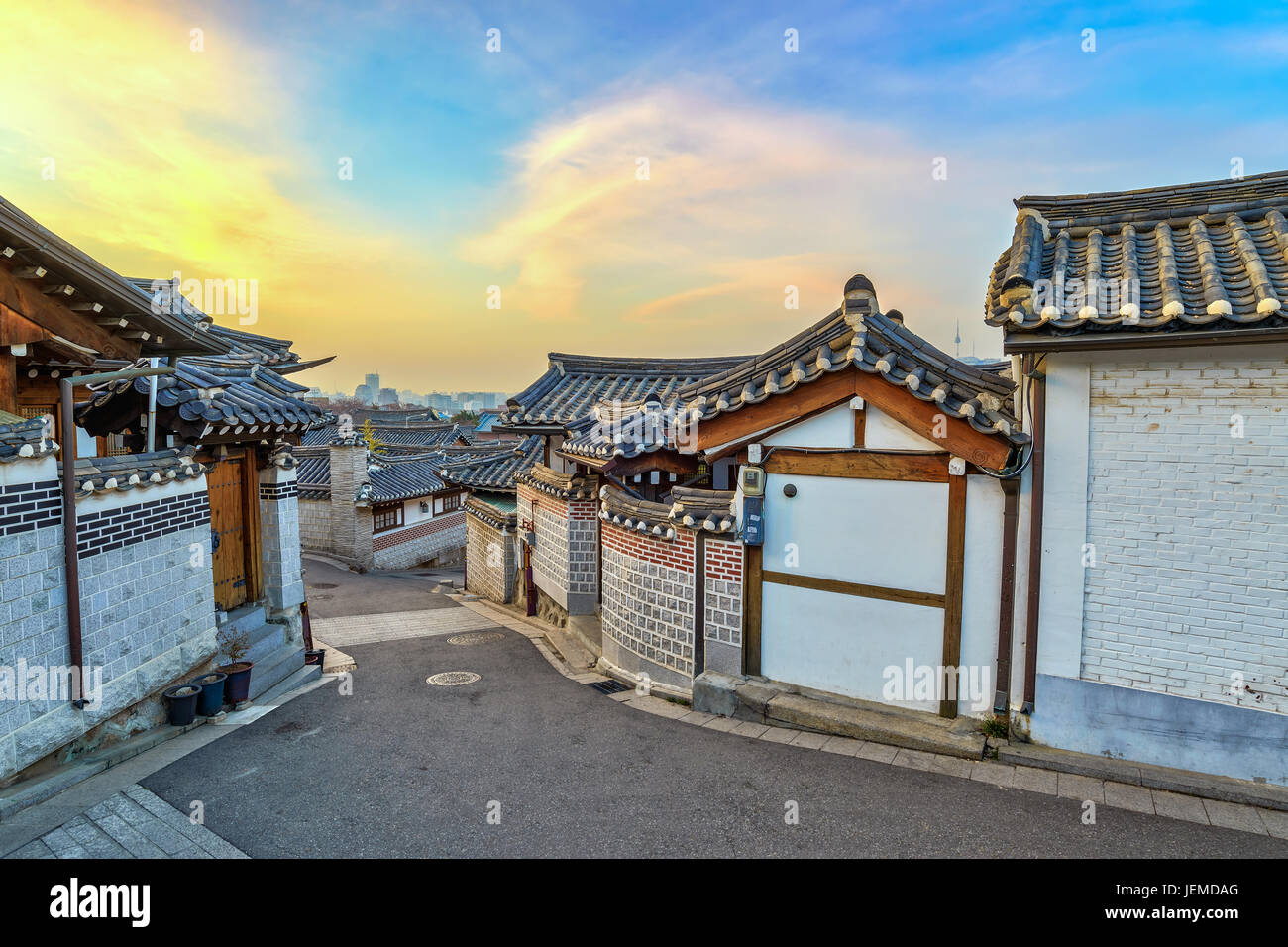 Bukchon Hanok Village and Seoul city skyline when sunrise with Seoul Tower, Seoul, South Korea Stock Photo