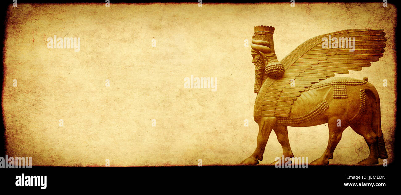 Grunge background with paper texture and lamassu - human-headed winged bull statue, Assyrian protective deity Stock Photo