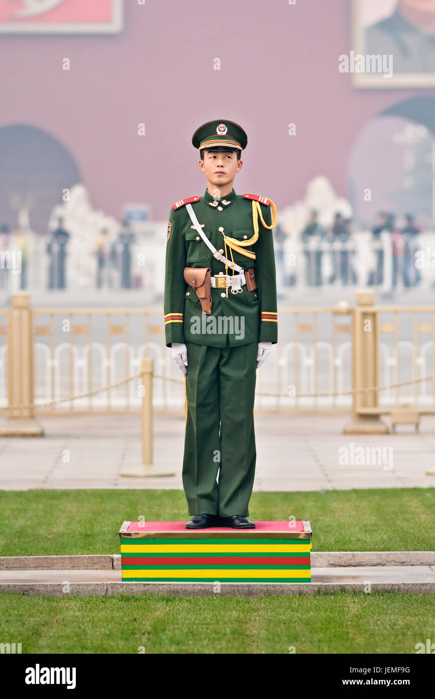 Honor guard at Tiananmen. Honor guards are provided by People's Liberation Army for flag-raising ceremony and presence on the Tiananmen Square. Stock Photo