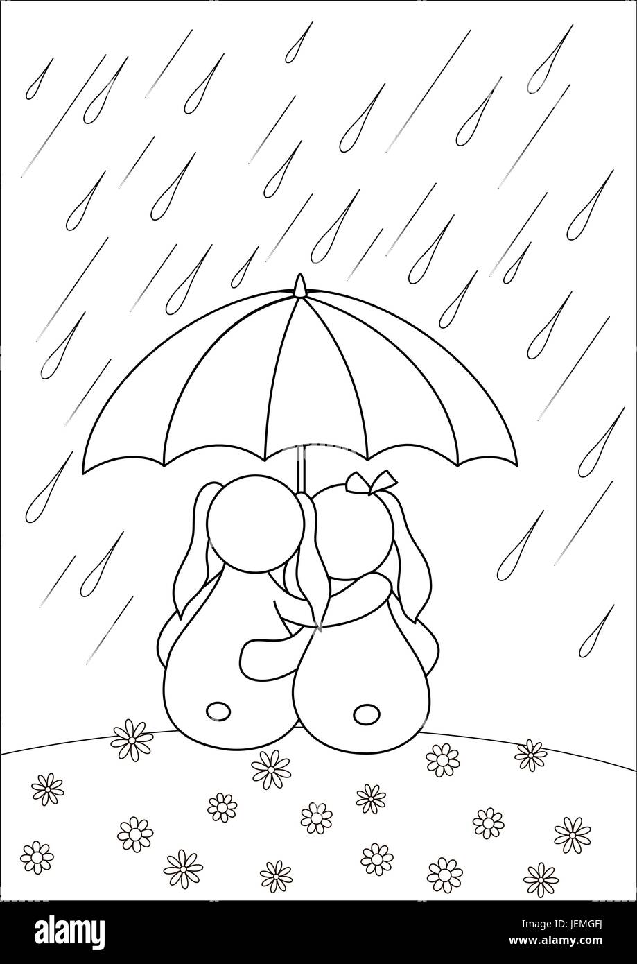 Rabbits under umbrella, contours Stock Vector