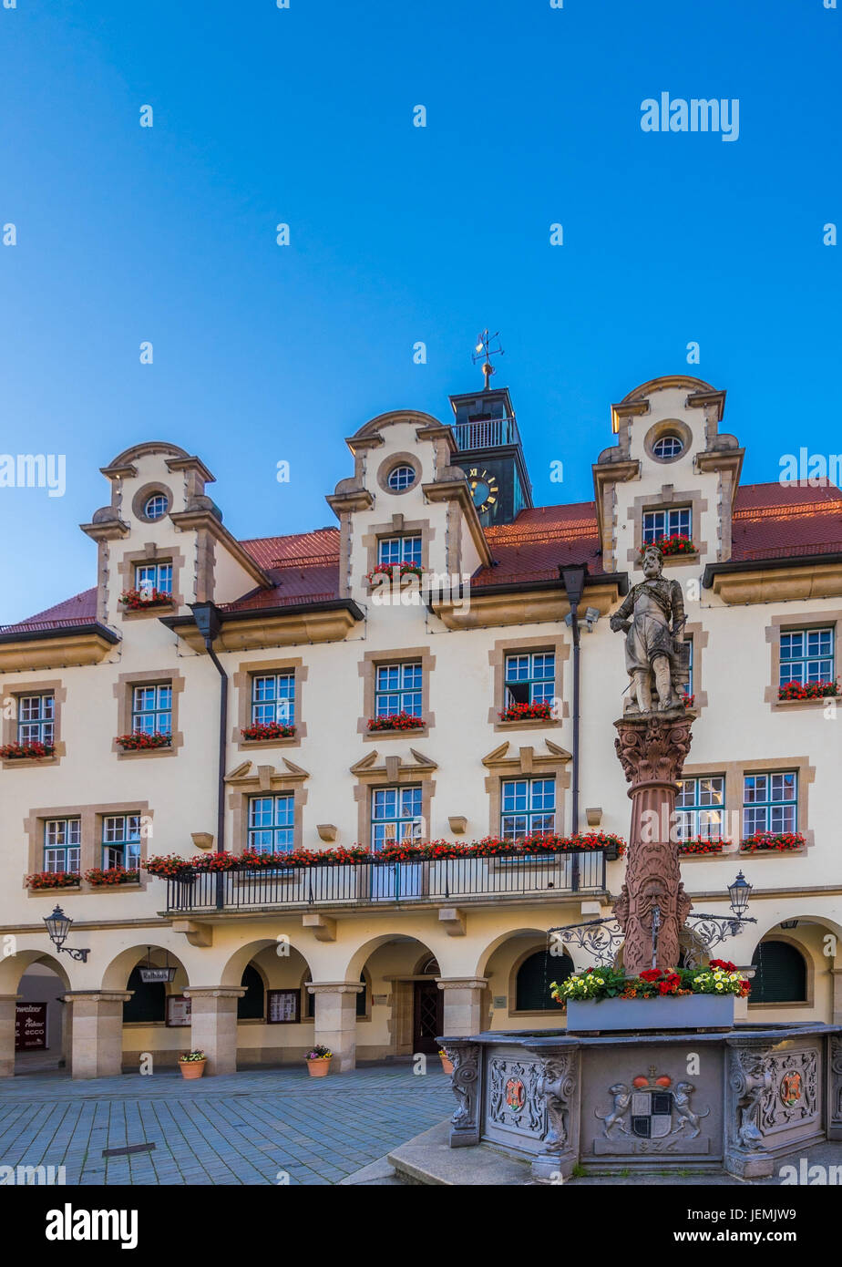 City hall and market fountain at the historic centre, Sigmaringen, Baden-Württemberg, Germany, Europe Stock Photo