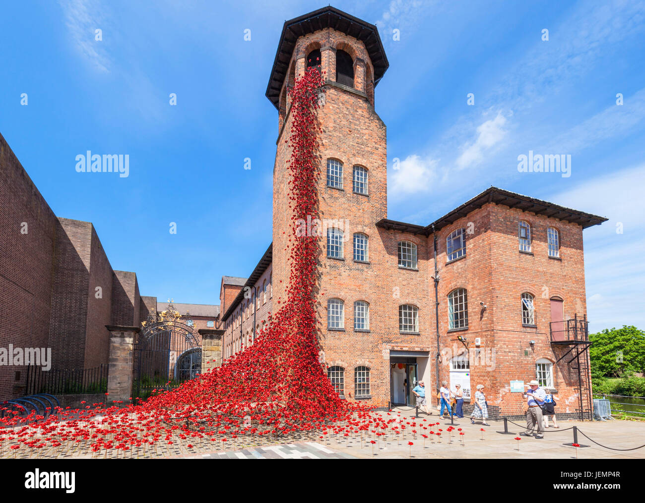 Derby Silk Mill Poppies Weeping Window Exhibition by Paul Cummings at Derby Silk Mill June 2017 Derby city centre Derbyshire England GB UK Europe Stock Photo