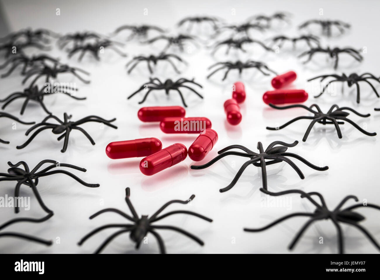 Spiders around capsules on white background, concept phobia to medicines Stock Photo