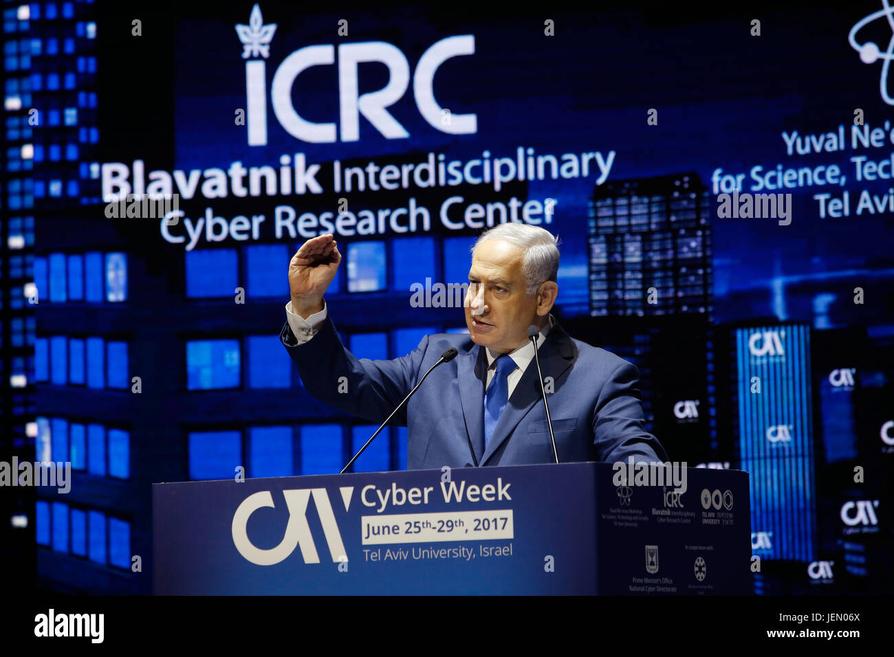 Tel Aviv, Israel. 26th June, 2017. Israeli Prime Minister Benjamin Netanyahu delivers a speech during a Cyber Week Conference in Tel Aviv, Israel, on June 26, 2017. Credit: Gil Cohen Magen/Xinhua/Alamy Live News Stock Photo