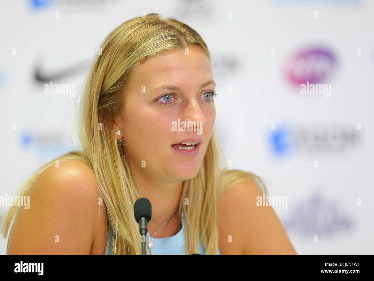 Eastbourne, UK. 26th June, 2017.  Petra Kvitova of Czech Republic talks in a press conference during day two of the Aegon International Eastbourne on June 26, 2017 in Eastbourne, England Credit: Paul Terry Photo/Alamy Live News Stock Photo