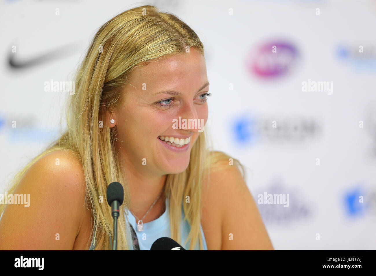 Eastbourne, UK. 26th June, 2017.  Petra Kvitova of Czech Republic talks in a press conference during day two of the Aegon International Eastbourne on June 26, 2017 in Eastbourne, England Credit: Paul Terry Photo/Alamy Live News Stock Photo