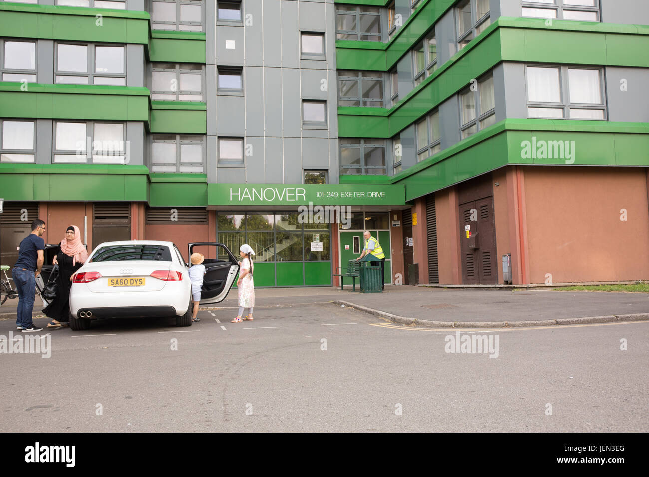 Sheffield, UK. 26th June, 2017. Cladding on the Hanover Tower Block on Exeter Drive in Sheffield has failed fire safety tests. Credit: Gary Bagshawe/Alamy Live News Stock Photo