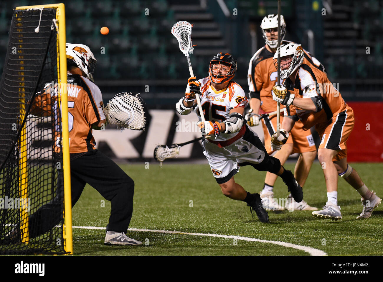 Overtime. 24th June, 2017. Atlanta Blaze attackman Randy Staats #45 takes  the game winning shot on Rochester Rattlers goalie John Galloway #15 during  a Major League Lacrosse game on Saturday June, 24,