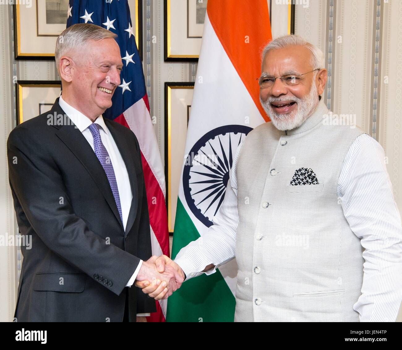 Washington, United States Of America. 26th June, 2017. Indian Prime Minister Narendra Modi, right, is greeted by U.S. Defense Secretary before the start of a bilateral meeting June 26, 2017 in Washington, DC Credit: Planetpix/Alamy Live News Stock Photo