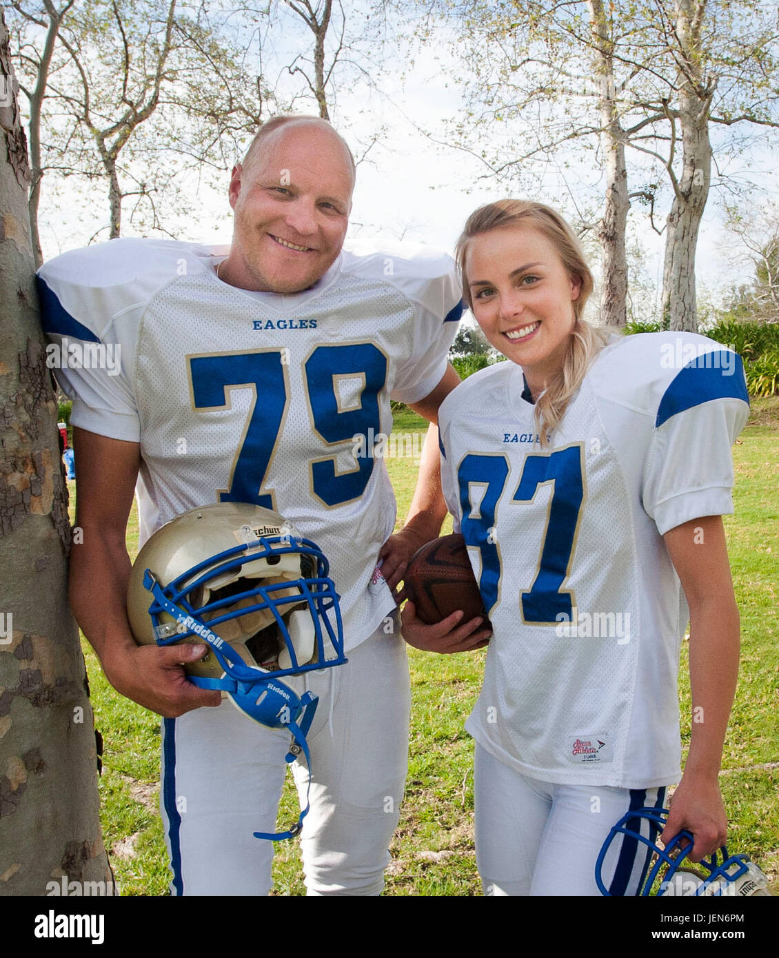 Coto De Caza, California, USA. 14th Feb, 2016. KALLE PALANDER and KIIRA KORPI take time out from a game of American football for a photo at the home of Teemu Selanne in Coto de Caza, California. Retired Anaheim Ducks Wing Teemu Selanne met with friends from Finland on Sunday at his home. Credit: David Bro/ZUMA Wire/ZUMAPRESS.com/Alamy Live News Stock Photo