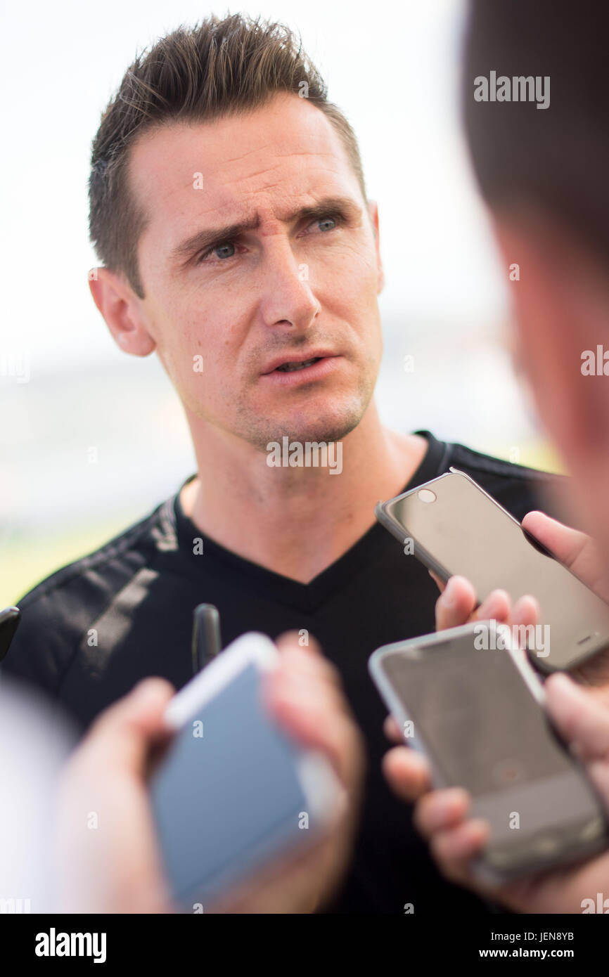 Miroslav Klose, memeber of the coaching staff, gives an interview before the training session of the German national team at the Confederations Cup in Sochi, Russia, 27 June 2017. Photo: Marius Becker/dpa Stock Photo