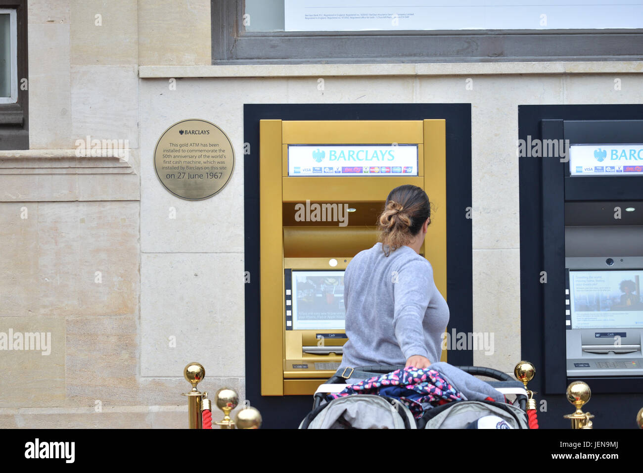 Enfield Town, London, UK. 27th June, 2017. Barclays bank in Enfield town celebrates the 50th anniversary of the world's first ATM machine. Credit: Matthew Chattle/Alamy Live News Stock Photo