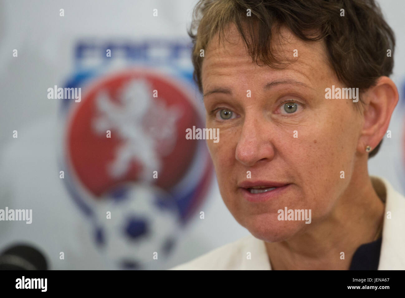 Deputy of the UEFA Eva Pasquier attends the press conference within the