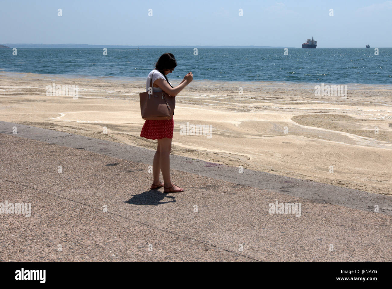 Thessaloniki, Greece. 27th June, 2017. A woman takes a picture of red tide affected seafront of the northern Greek port city of Thessaloniki. Red tide is a common name for a phenomenon known as an algal bloom, caused by species of dinoflagellates, taking on a red or brown colour. Credit Credit: Orhan Tsolak/Alamy Live News Stock Photo