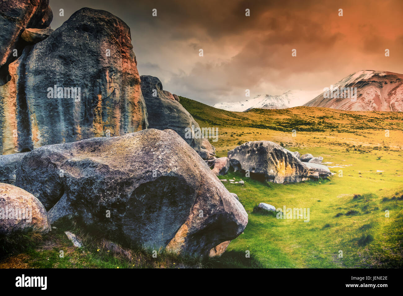 Castle Rock at sunset, Canterbury, New Zealand Stock Photo Alamy