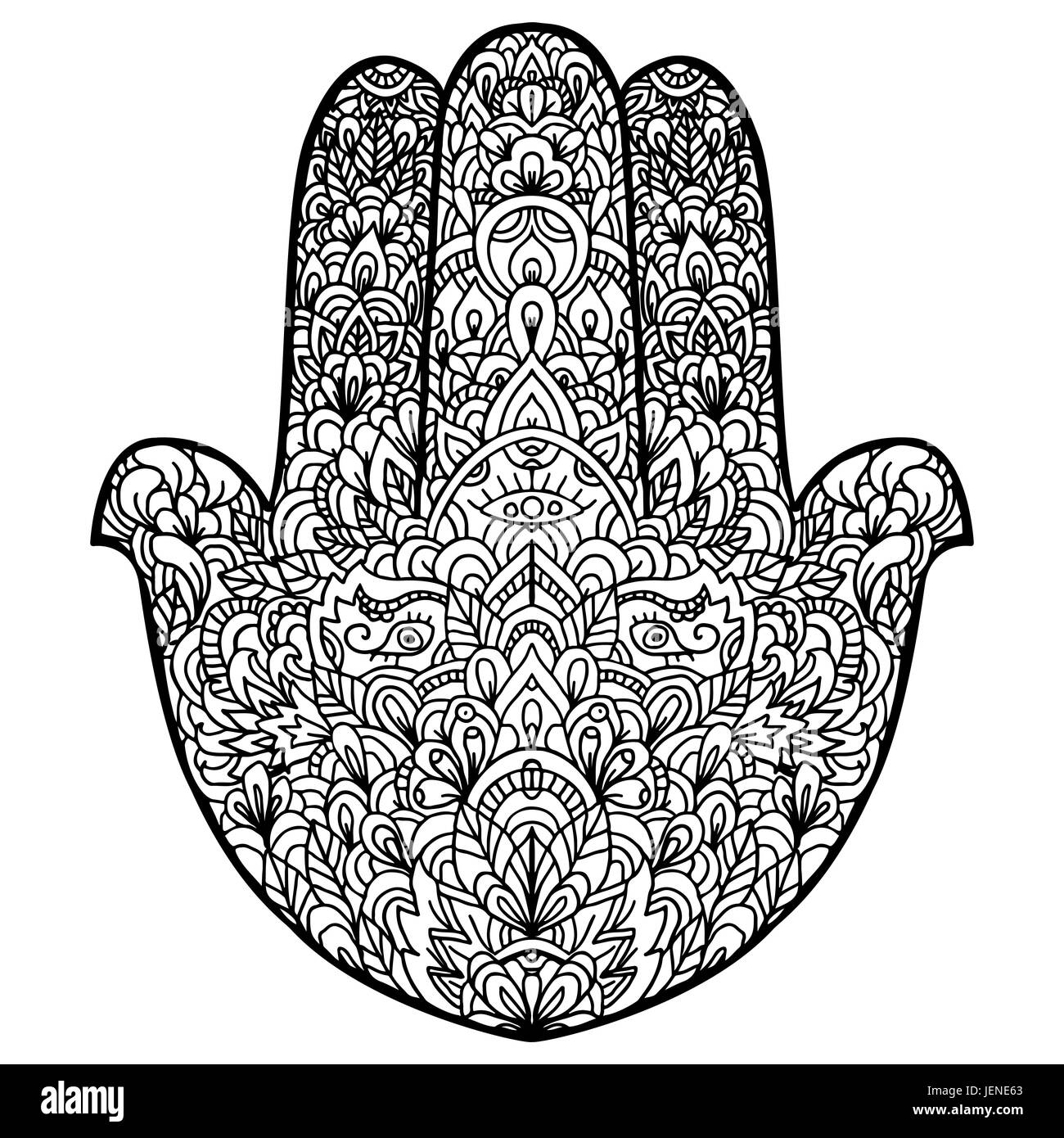 Hamsa hand drawn symbol. Fatimas hand pattern. Vector illustration. Indian mandala ornament for adult coloring books. Asian pattern. Black and white authentic background. Stock Vector