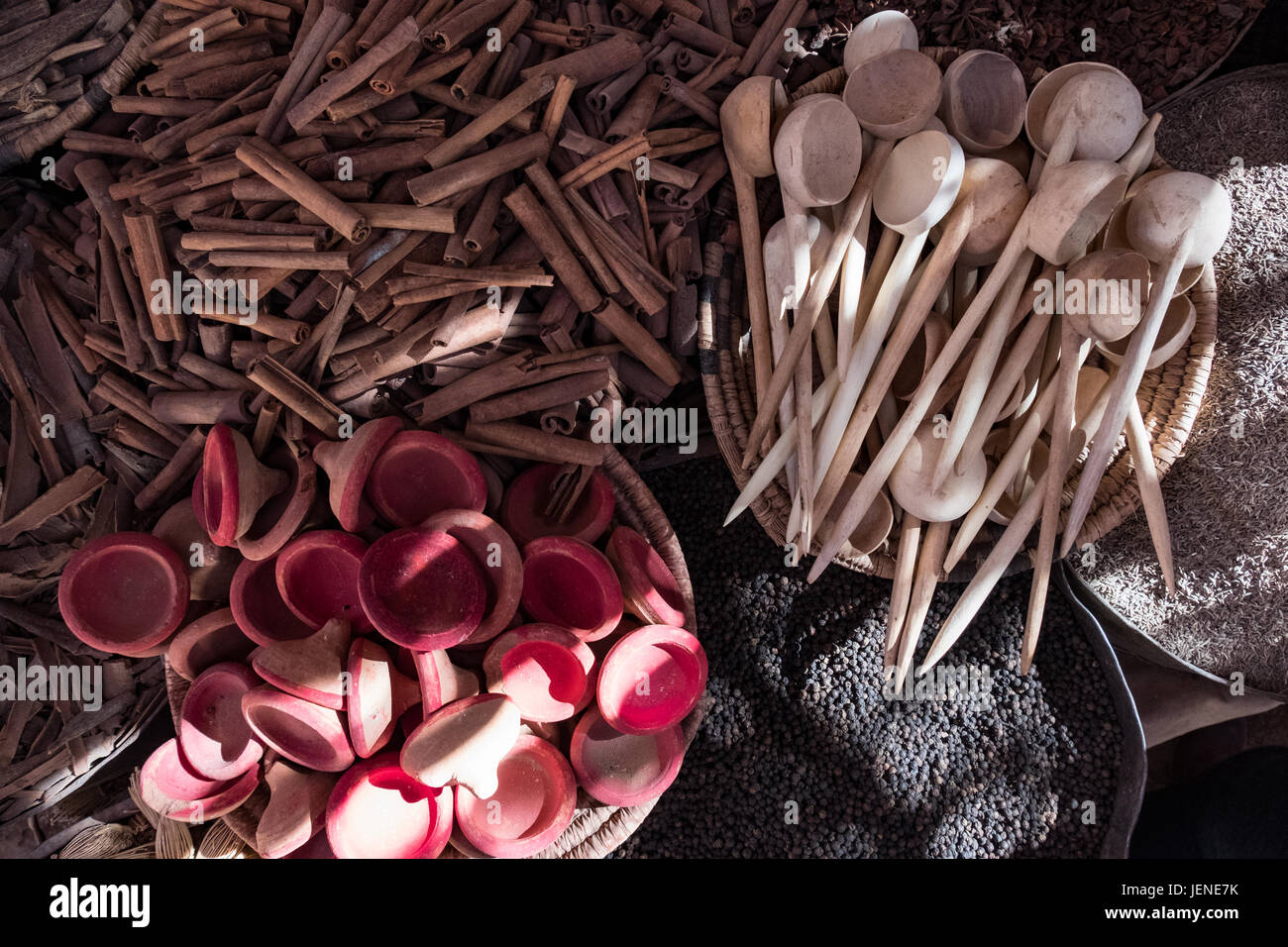Spices and cooking utensils in a market, Morocco Stock Photo