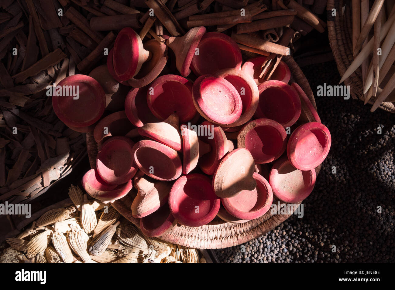 Overhead view of pots at a market, Morocco Stock Photo