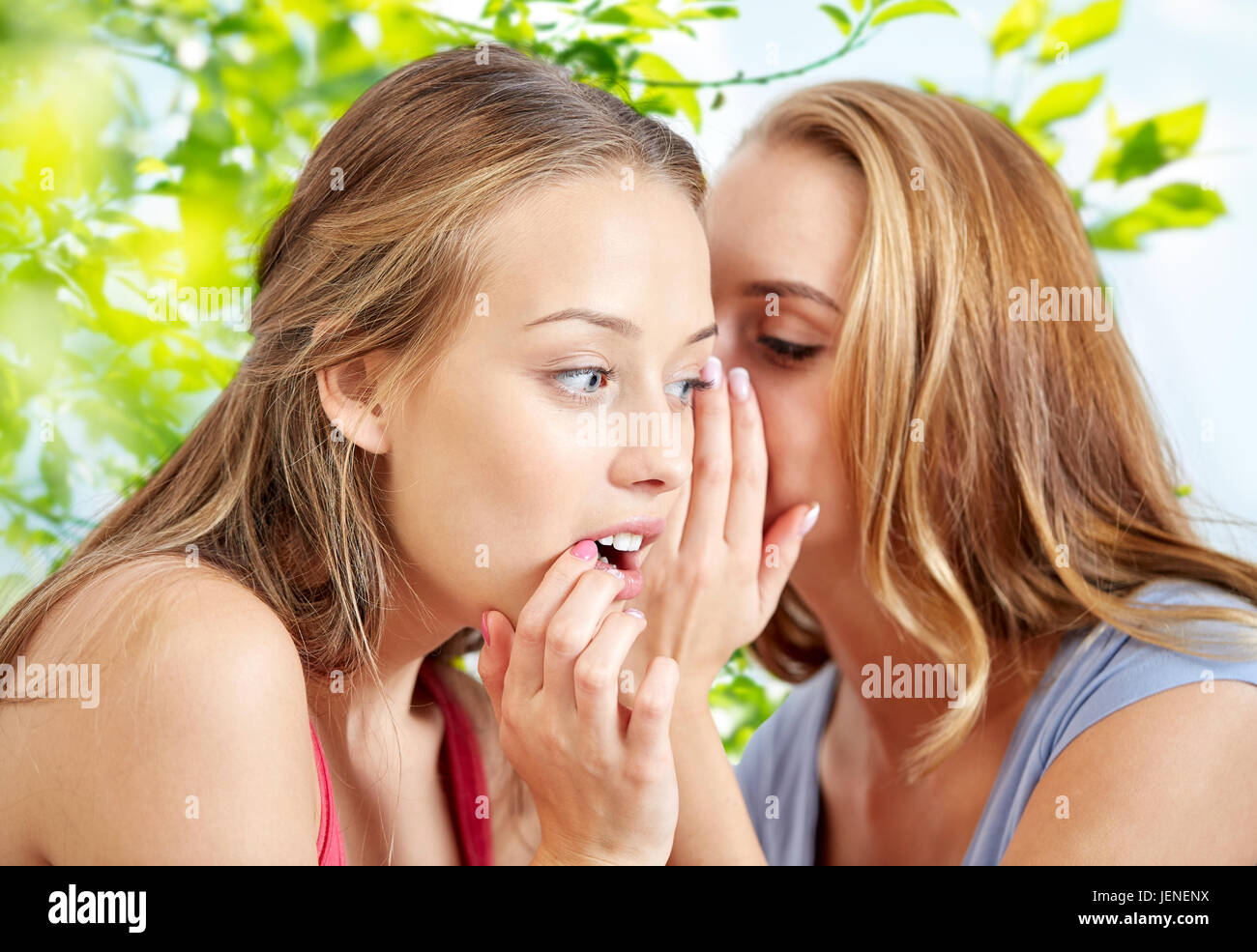 young women gossiping over natural background Stock Photo