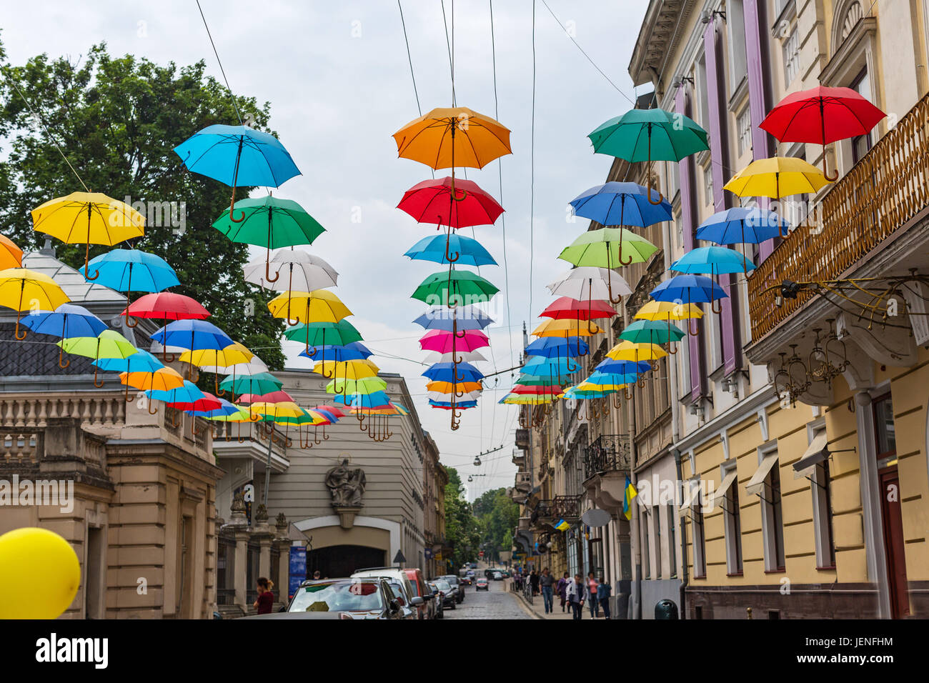 Decorations with hanging umbrellas in Lviv, Ukraine. Stock Photo