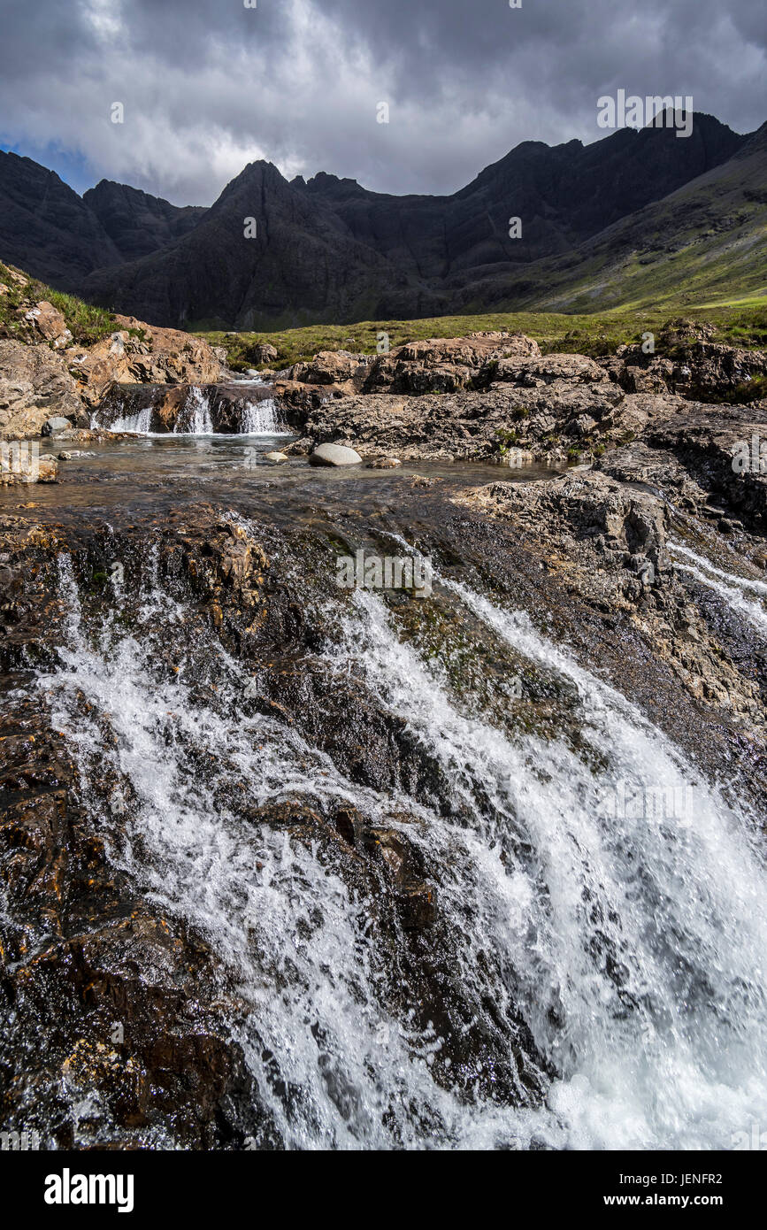 Waterfall of the Fairy Pools in front of the Black Cuillin in Glen Brittle on the Isle of Skye, Scottish Highlands, Scotland, UK Stock Photo