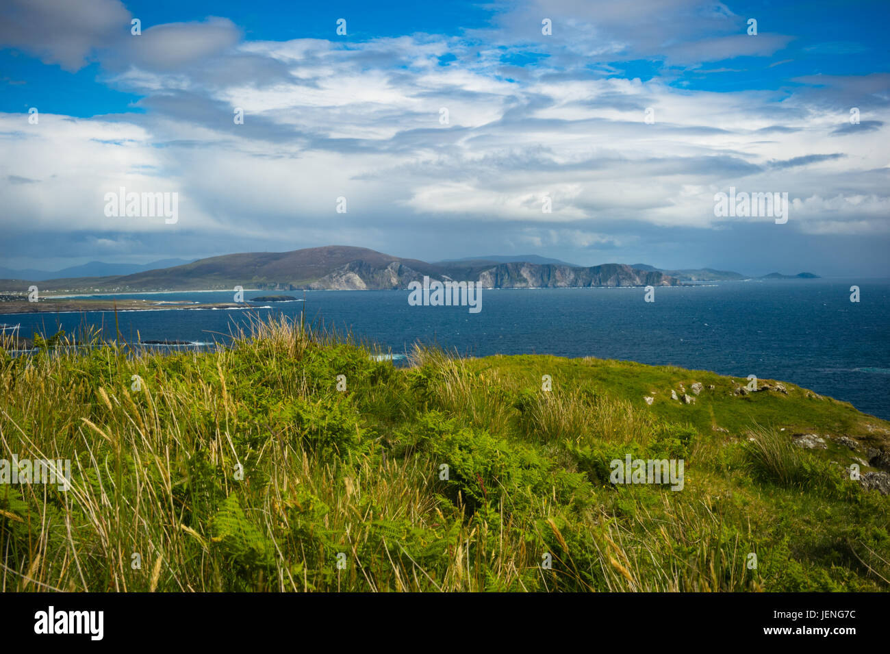 View of the Atlantic ocean from a hill at Keem bay, Achill, Co. Mayo ...