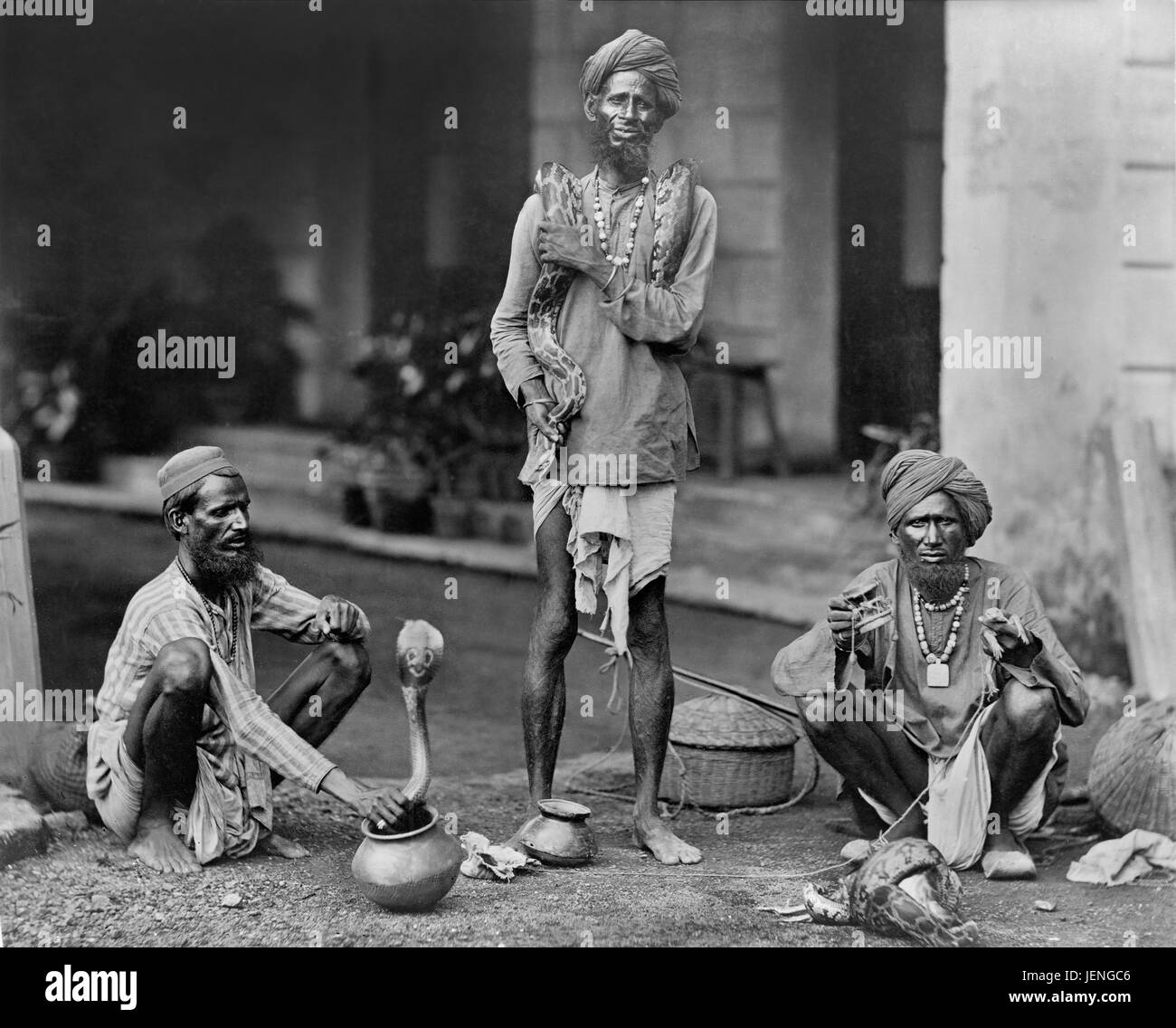 Three Snake Charmers, India, 1890 Stock Photo