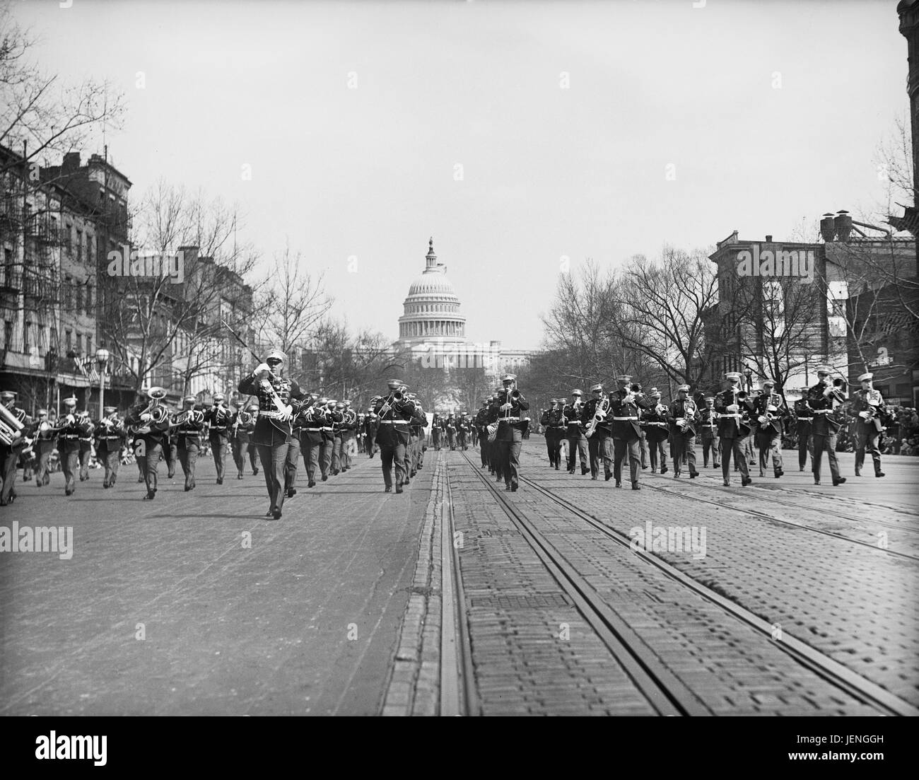 Parade on Pennsylvania Avenue with U.S. Capitol Building in Background, Washington DC, USA, Harris & Ewing, April 1932 Stock Photo