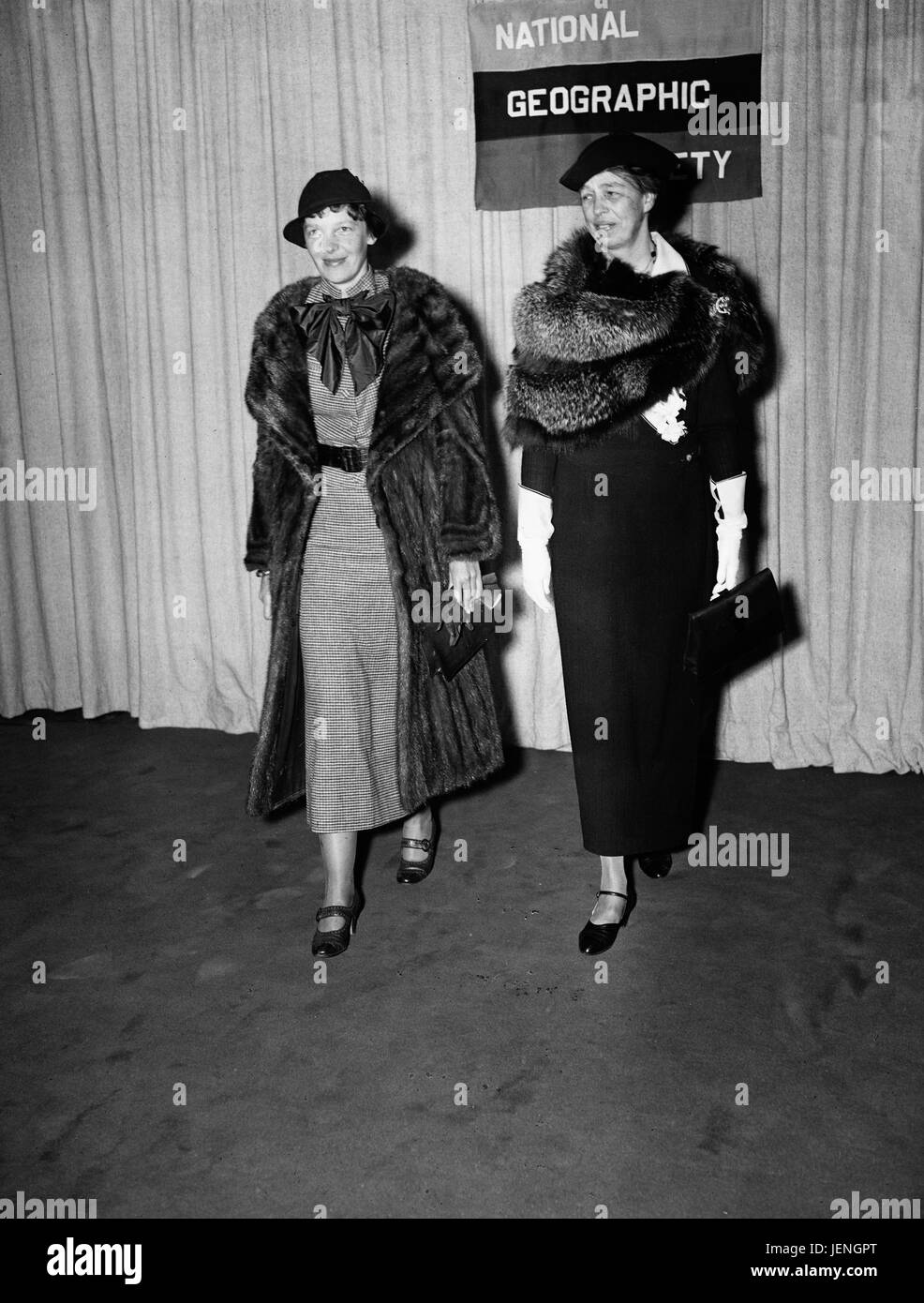 Amelia Earhart and First Lady Eleanor Roosevelt, Portrait Attending National Geographic Society Event, Harris & Ewing, 1935 Stock Photo