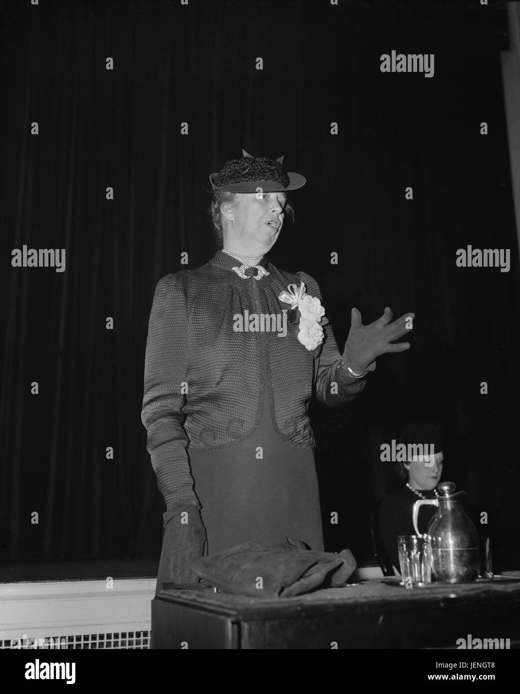 First Lady Eleanor Roosevelt Giving Speech to Wives of Members of Congress, Washington DC, USA, Harris & Ewing, January 1940 Stock Photo