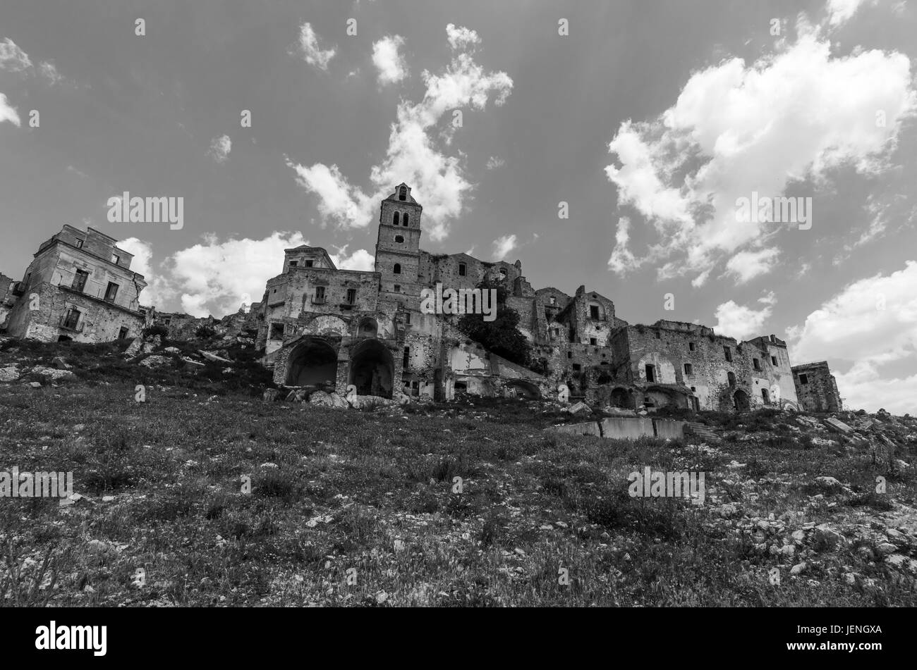 Craco (Italy) - The evocative ruins and landscapes of the ghost town scattered among the badlands hills of the Basilicata region, beside Matera Stock Photo