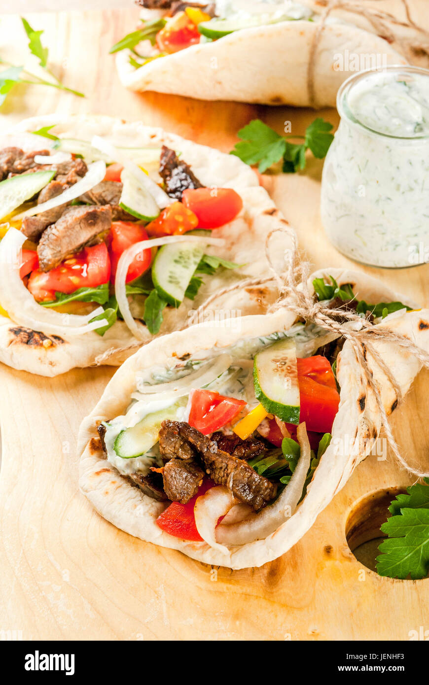 Healthy snack, lunch. Traditional Greek wrapped sandwich gyros