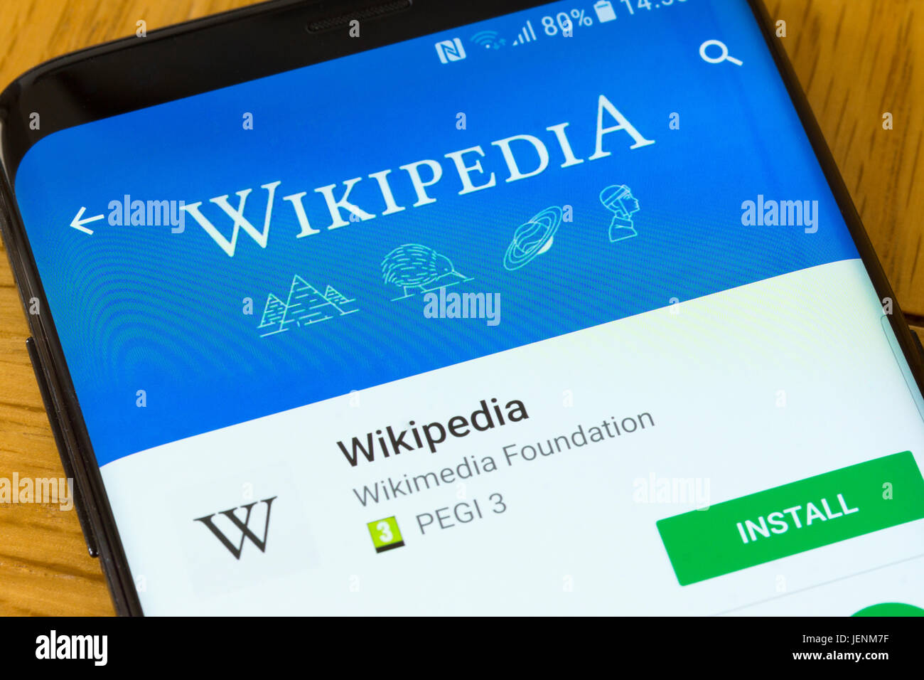 A closeup on the Wikipedia install screen on a smartphone Stock Photo