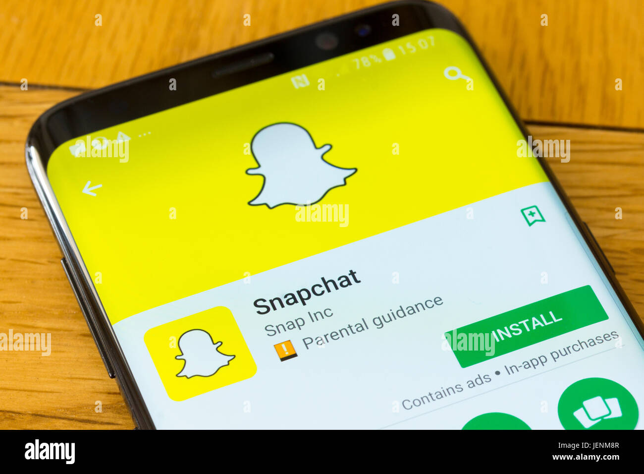 A closeup of the Snapchat install screen on a smartphone Stock Photo
