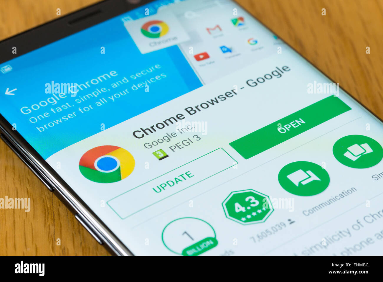 A closeup of the Google Chrome Browser app install screen on a smartphone Stock Photo