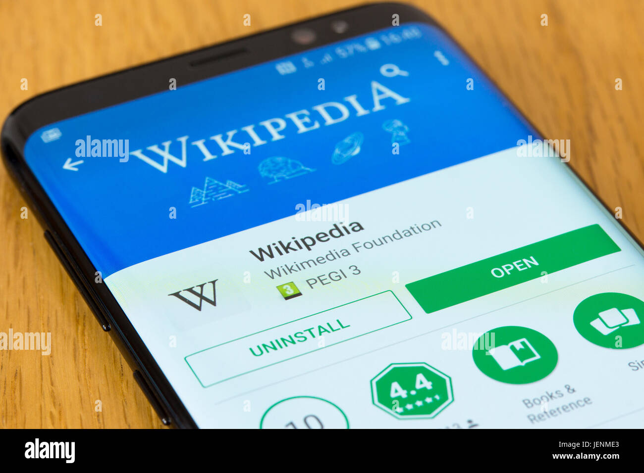 A closeup on the Wikipedia install screen on a smartphone Stock Photo