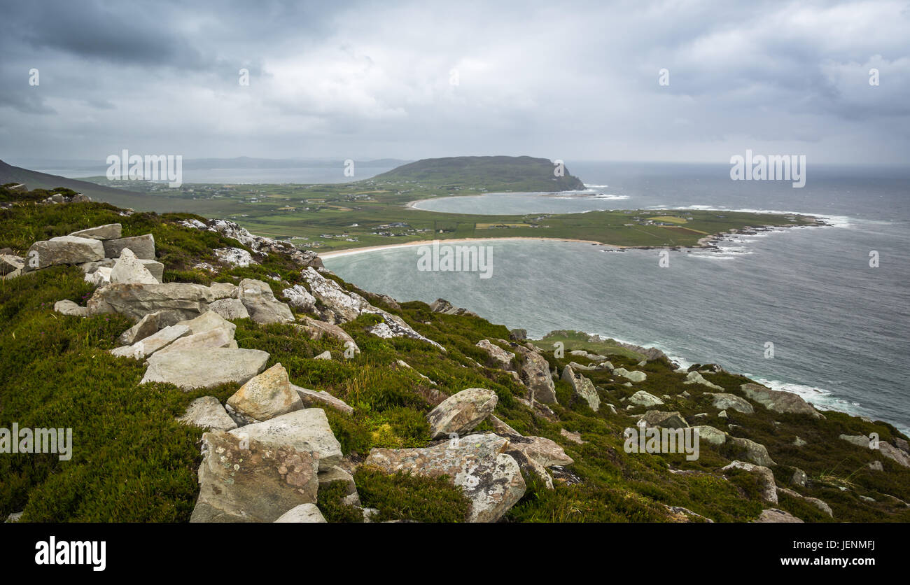 View from Binnion Hill overlooking Binnion Bay and the Atlantic Ocean. Stock Photo