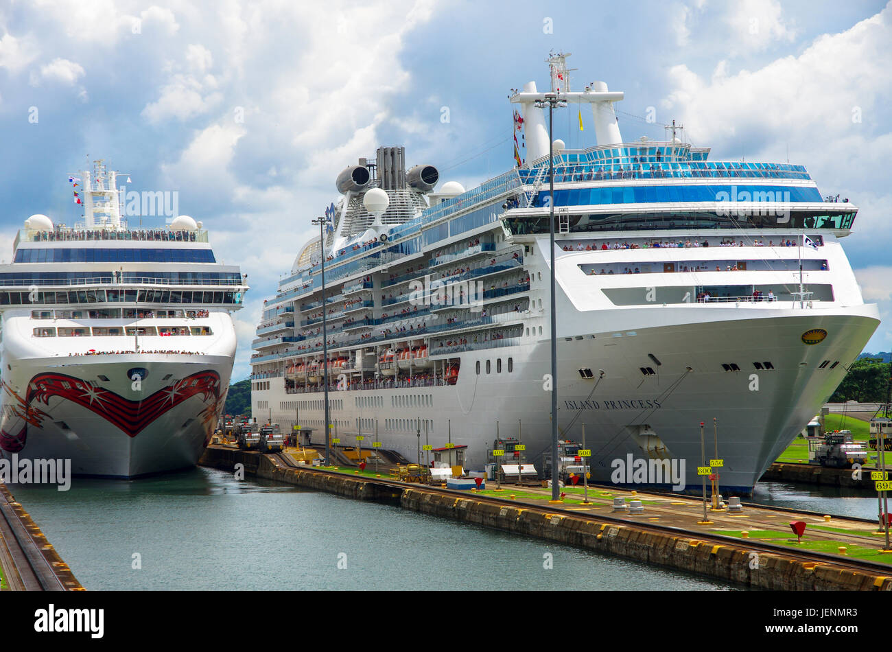 2 cruise ships in the Panama Canal Gatun Locks Stock Photo Alamy