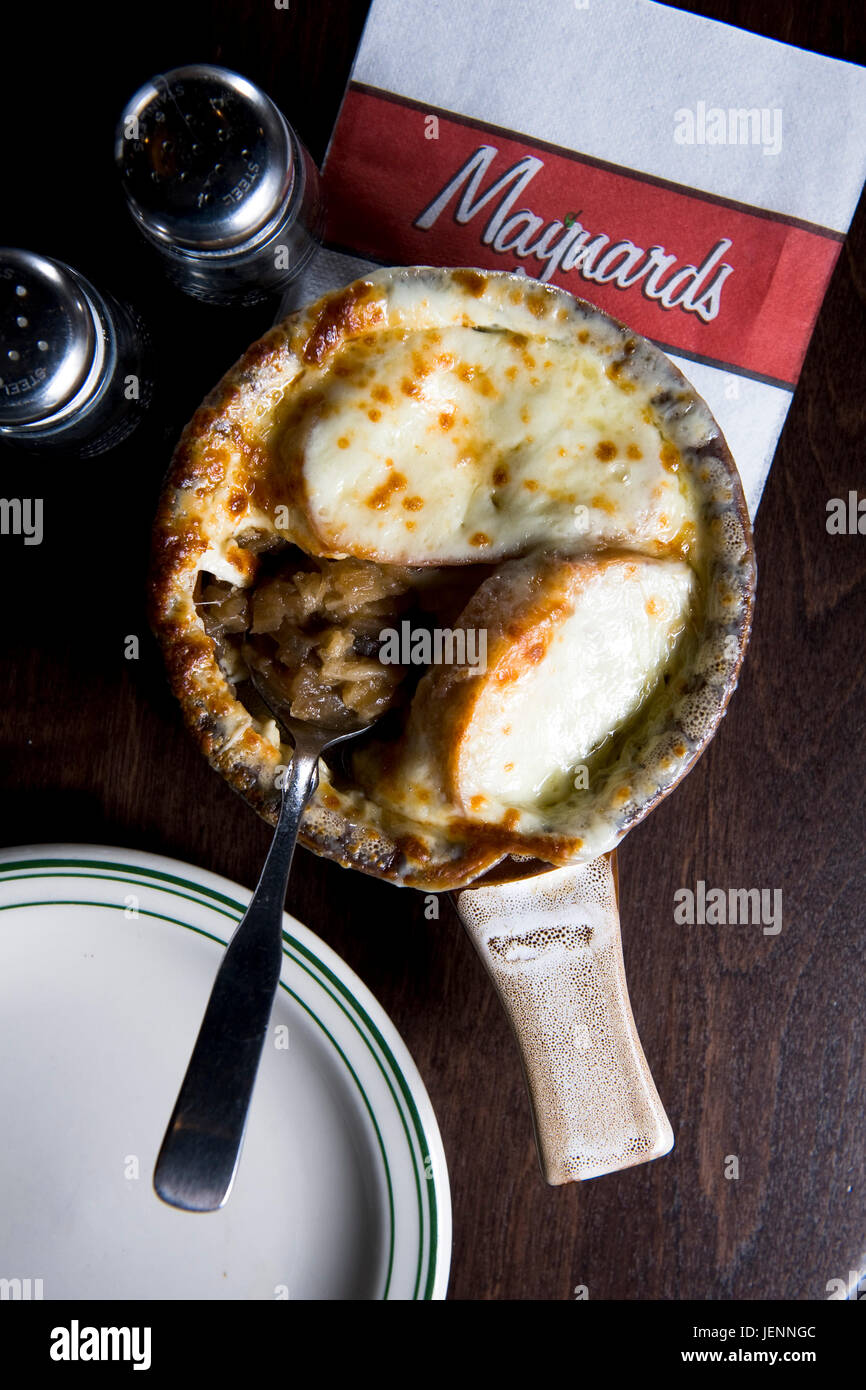 French Onion Soup served at a casual restaurant comfort food Stock Photo