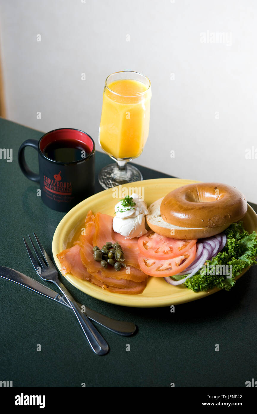 bagel with lox. Coffee orange juice on dark table Stock Photo Alamy