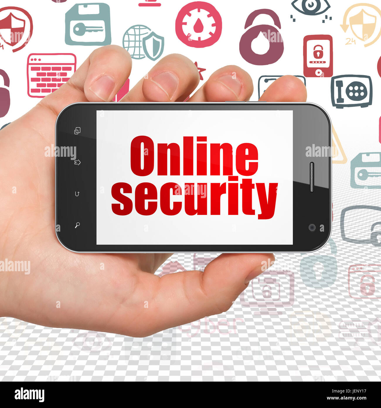 Safety concept: Hand Holding Smartphone with Online Security on display ...