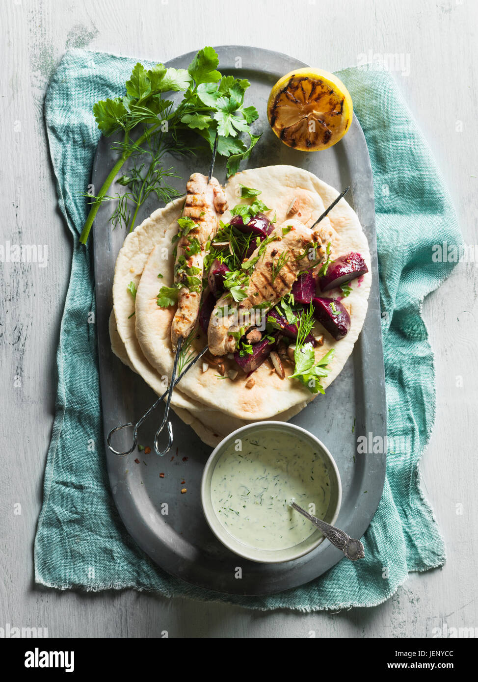Meat skewers on pita bread Stock Photo Alamy