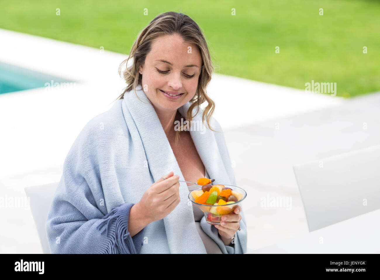 Pregnant woman eating a fruit salad Stock Photo Alamy