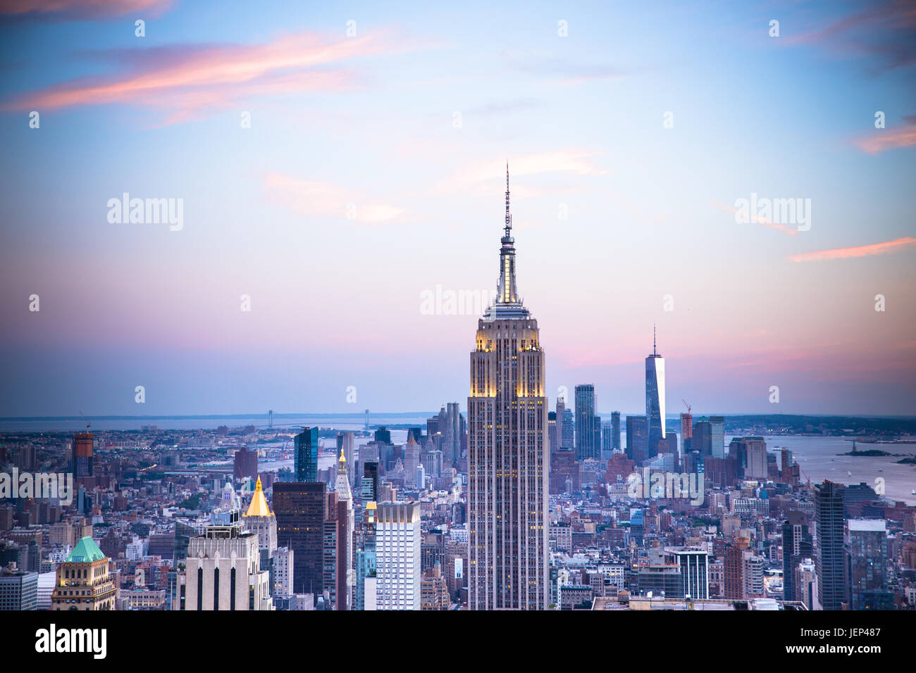Sunset view of New York City seen from midtown Manhattan looking towards downtown, Stock Photo