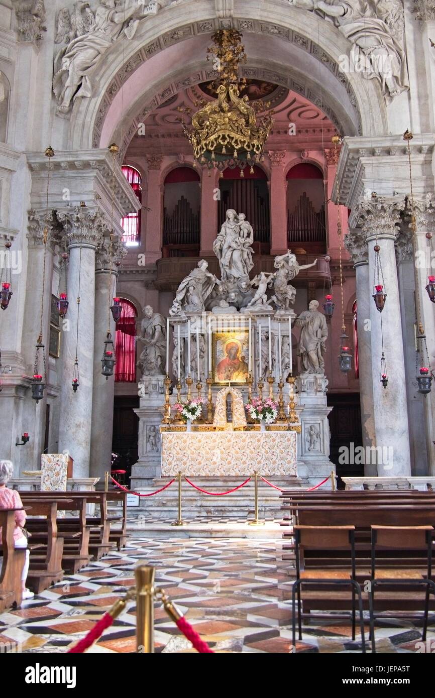 Venice Veneto Italy. The main altar inside the church of Santa Maria della Saluta. Altar made by Jean Le Court, and also visible the byzantine icone ' Stock Photo