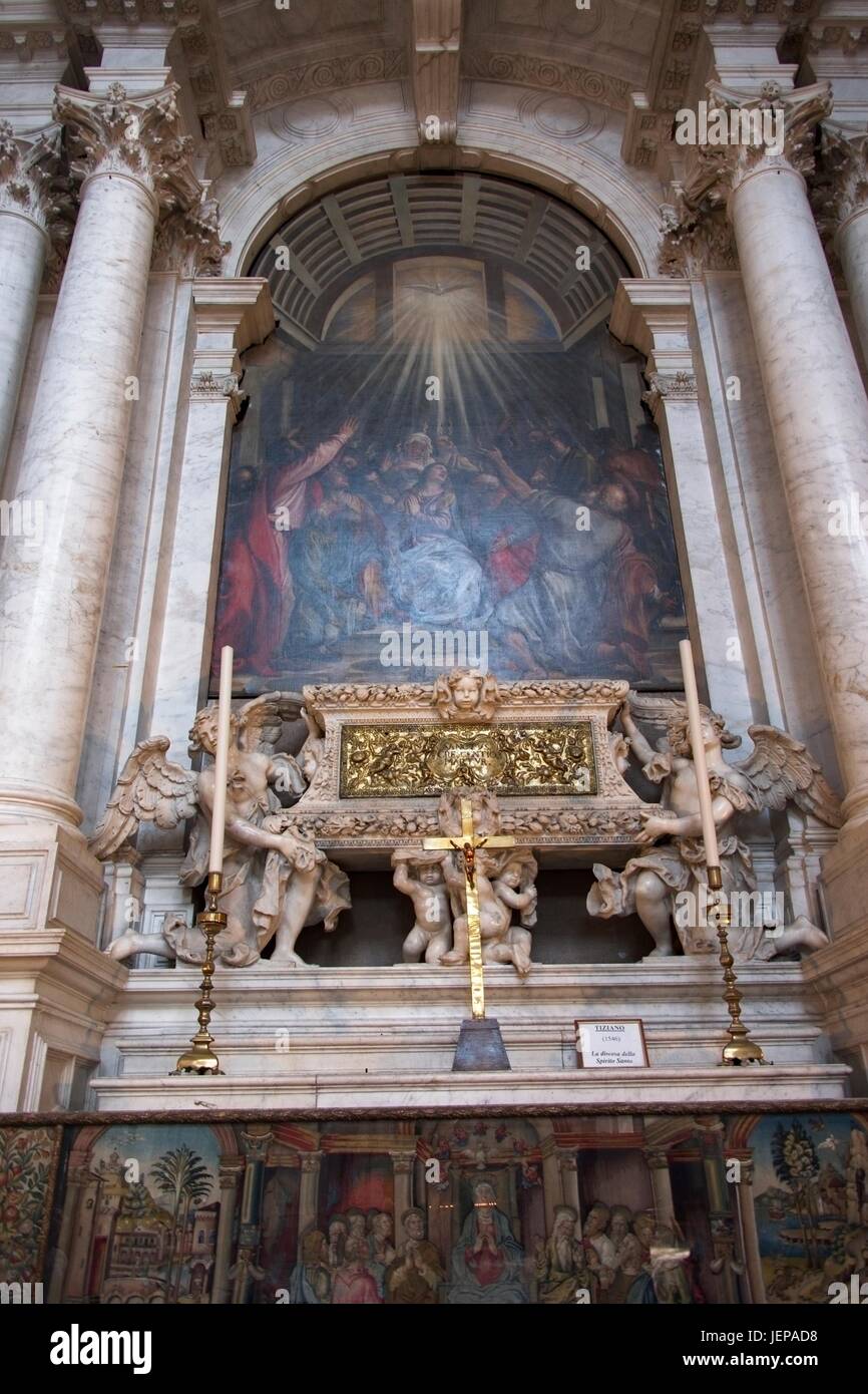 Venezia Veneto Italy. 'Discesa dello Spirito Santo' - 'The descent of the Holy Ghost' by Tiziano - Titian inside the church Santa Maria della Salute. Stock Photo